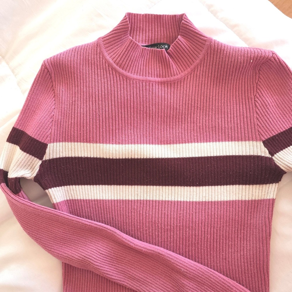 New Look Pink Ribbed‎ Mock Neck Striped Long Sleeve Sweater Womens Large